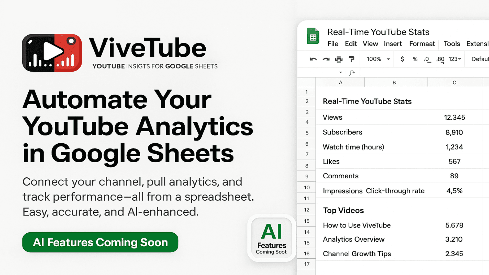 ViveTube Demo Screenshot in Google Sheets