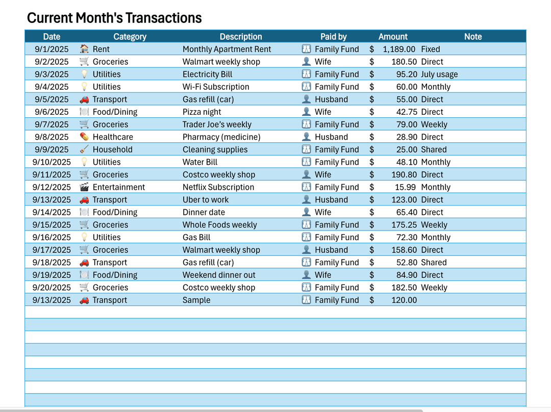 Transaction log in the monthly tab showing columns for date, category, description, and amount.